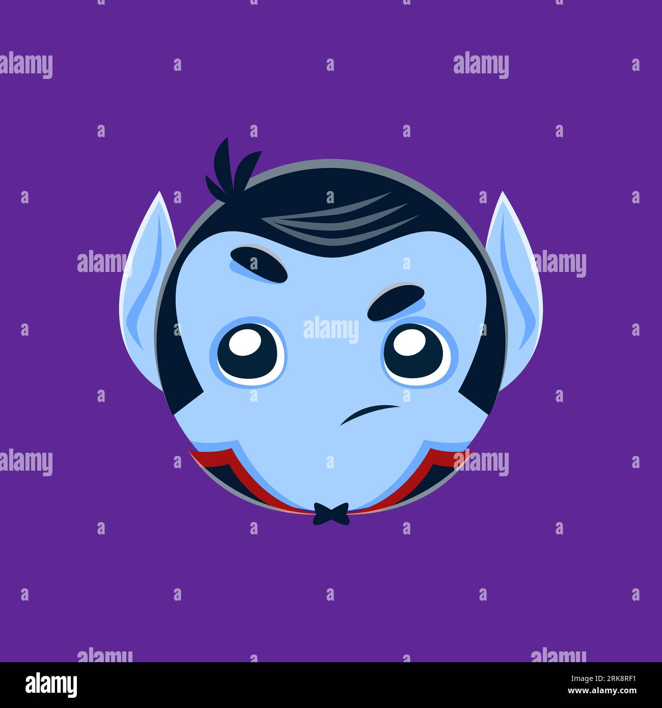 Cartoon Halloween vampire emoji character. Playful vector face emoticon with mischievous expression and pale complexion, wearing a cape and bowtie, ca Illustration de Vecteur