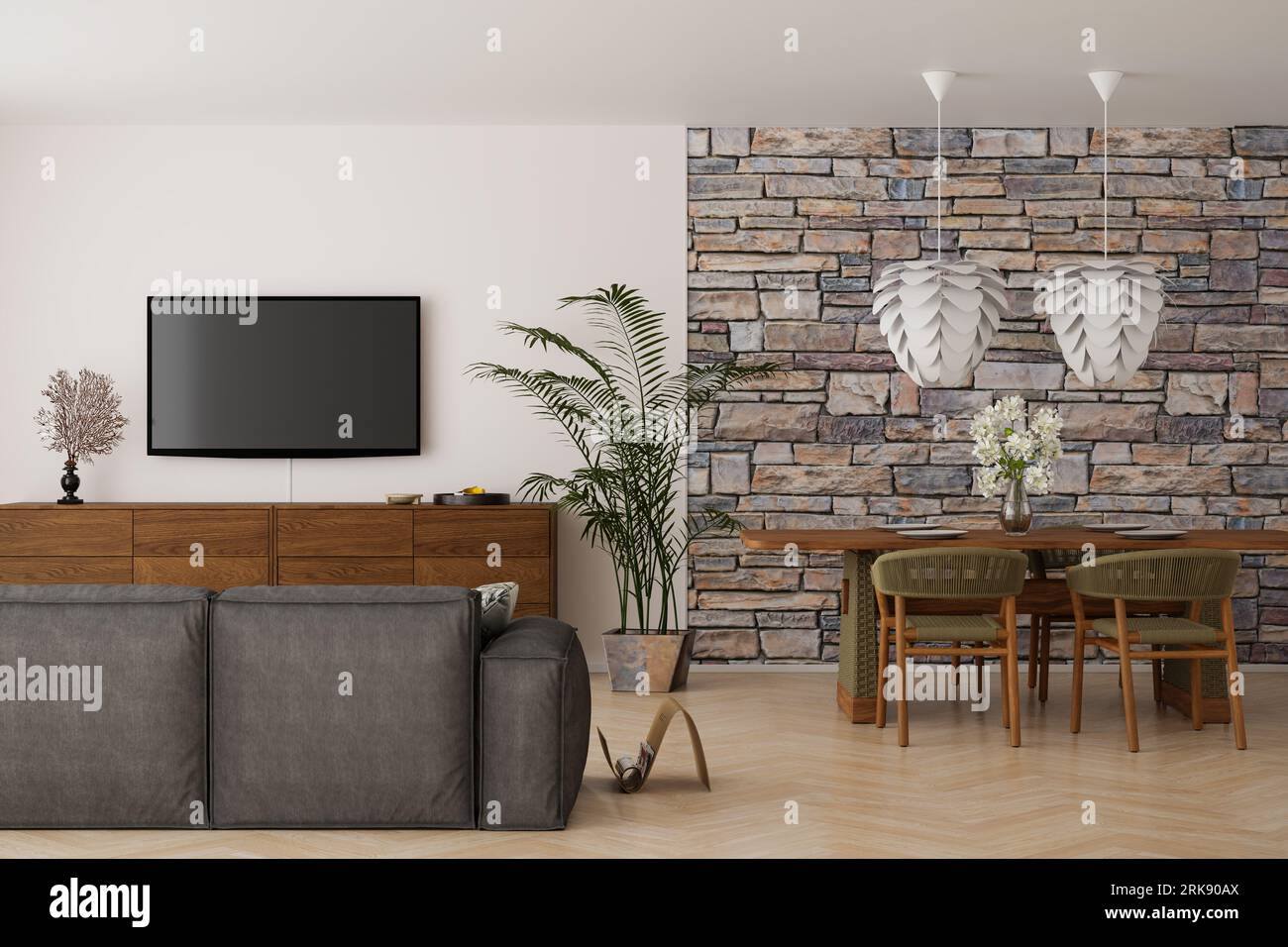Salle de séjour avec table à manger, canapé et téléviseur. rendu 3d. Banque D'Images Salle de séjour avec table à manger, canapé et téléviseur. rendu 3d. Banque D'Images