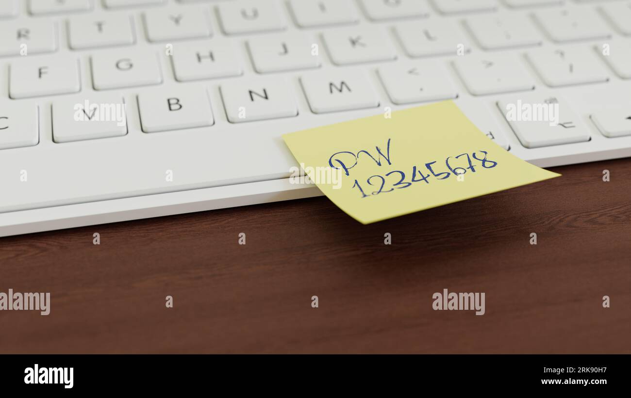 Concept de sécurité de l'information : une note jaune avec un mot de passe simple attaché à un clavier. Banque D'Images