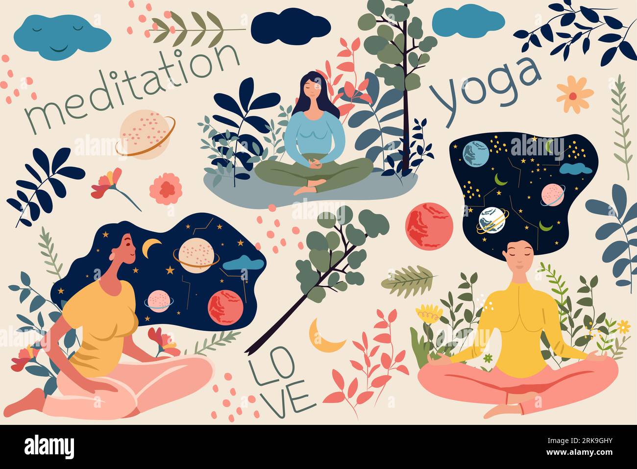 Femme en posture de lotus de yoga trouvant la paix par la méditation en plein air. Concept pour le yoga, le soulagement du stress, les activités de loisirs, le maintien du bien-être, la relaxation. Illustration vectorielle Illustration de Vecteur