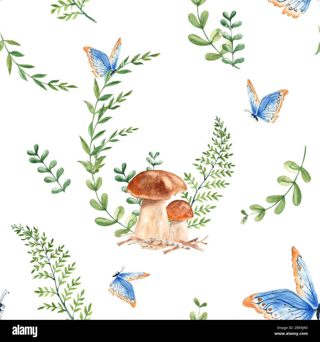 Motif aquarelle sans couture avec champignons porcini, fougère, branches vertes et papillon bleu. Illustration botanique dessinée à la main d'été. Peut être utilisé pour Banque D'Images