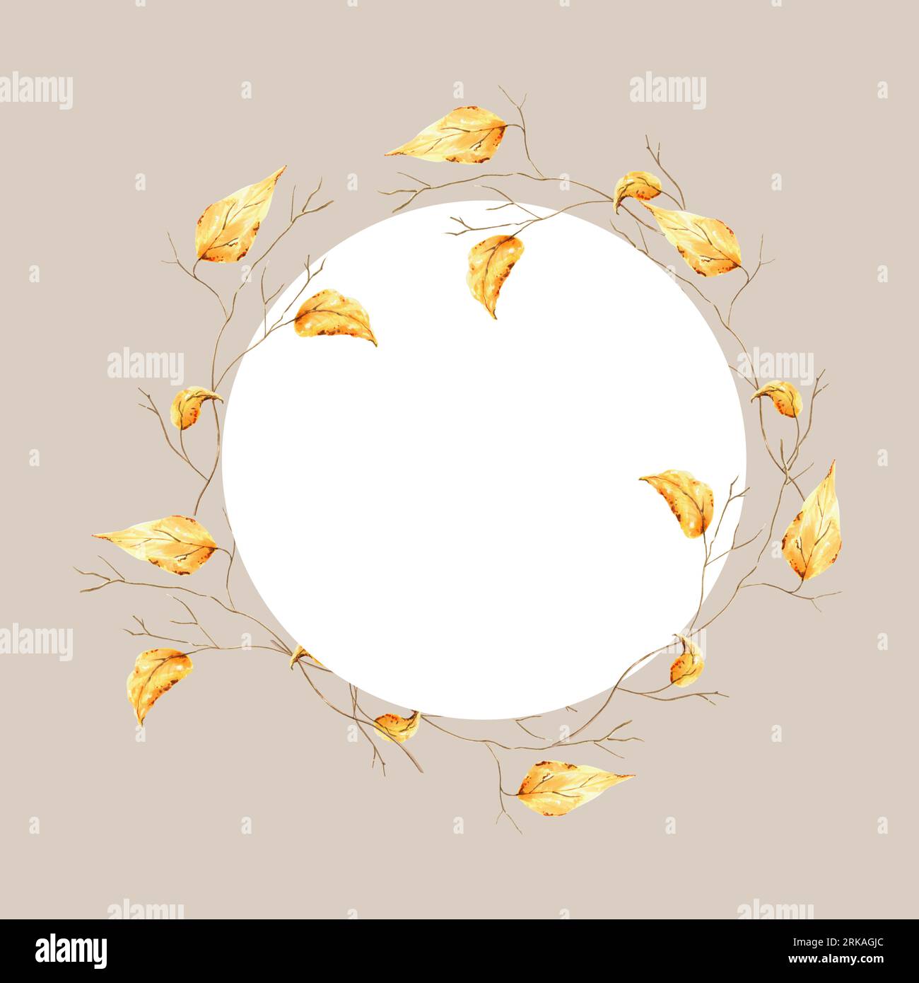 Cadre d'automne aquarelle avec feuillage doré de branche d'arbre. Logo de peinture à la main isolé sur fond blanc. Pour les designers, décoration, boutique, pour Banque D'Images