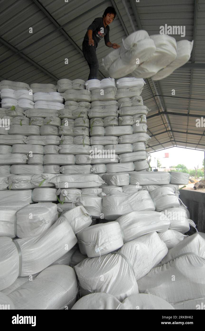 Bildnummer : 54560914 Datum : 22.10.2010 Copyright : imago/Xinhua HANGZHOU, Oct. 23, 2010 (Xinhua) -- Un ouvrier arrange du fil de coton pour expédition à une usine dans Lanxi, province de Zhejiang dans l'est de la Chine, Oct. 22, 2010. Les prix du coton sur les marchés spot et à terme en Chine ont grimpé considérablement depuis mai, dépassant tous deux le record le plus élevé de 25 000 yuans RMB (3 755 dollars américains) par tonne. Les prix sur le marché à terme ont augmenté de plus de 6 000 yuans RMB (902 dollars américains) au cours des 40 derniers jours depuis septembre. La montée en flèche continue des prix du coton et la croissance rapide de l'appréciation du RMB ont abaissé le Banque D'Images