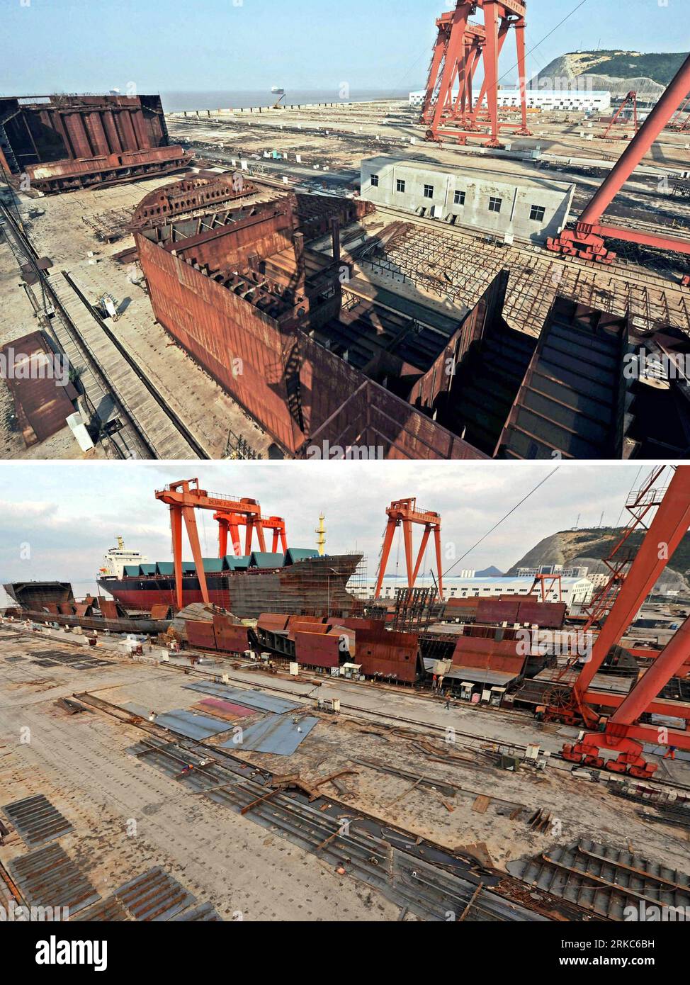 Bildnummer : 54678839 Datum : 23.11.2010 Copyright : imago/Xinhua (101126) -- TAIZHOU, 26 novembre 2010 (Xinhua) -- la photo combinée montre le même chantier naval privé dans la ville de Taizhou, province du Zhejiang dans l'est de la Chine, déserté le 18 octobre 2009 (Haut) et repris ses activités le 23 novembre 2010. En plus de 40 ans, l'océan vaste et profond a donné à Li Changxian tout sauf les soucis. Mais depuis le début de la crise financière mondiale il y a deux ans, le milliardaire de 44 ans est tombé dans le blues. Debout dans le chantier naval autrefois animé de Hongda qu'il dirigeait à Taizhou, Li Changxian a mis le sien Banque D'Images
