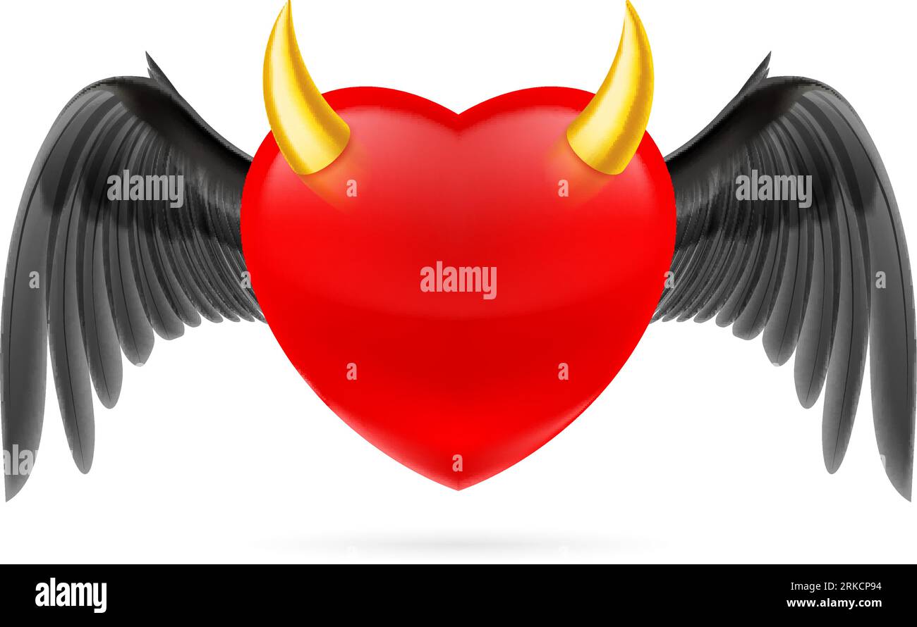 Illustration de coeurs de Red Devil avec des ailes noires et des cornes d'or. Symbole amour romantique. Décor de carte de voeux Saint-Valentin, ou mariage A. Illustration de Vecteur