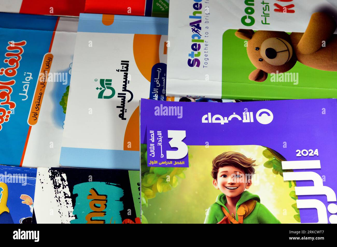 Le Caire, Egypte, août 18 2023 : pile de livres éducatifs utilisés par les écoliers égyptiens, apprentissage, enseignement, concept de livres éducatifs soit publié Banque D'Images