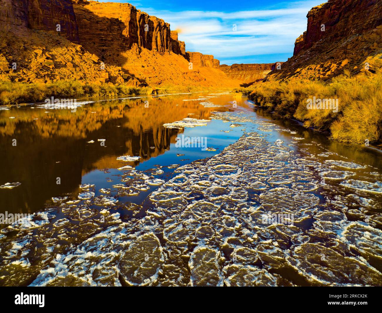 Glace dans le fleuve Colorado près de Moab, Utah Banque D'Images