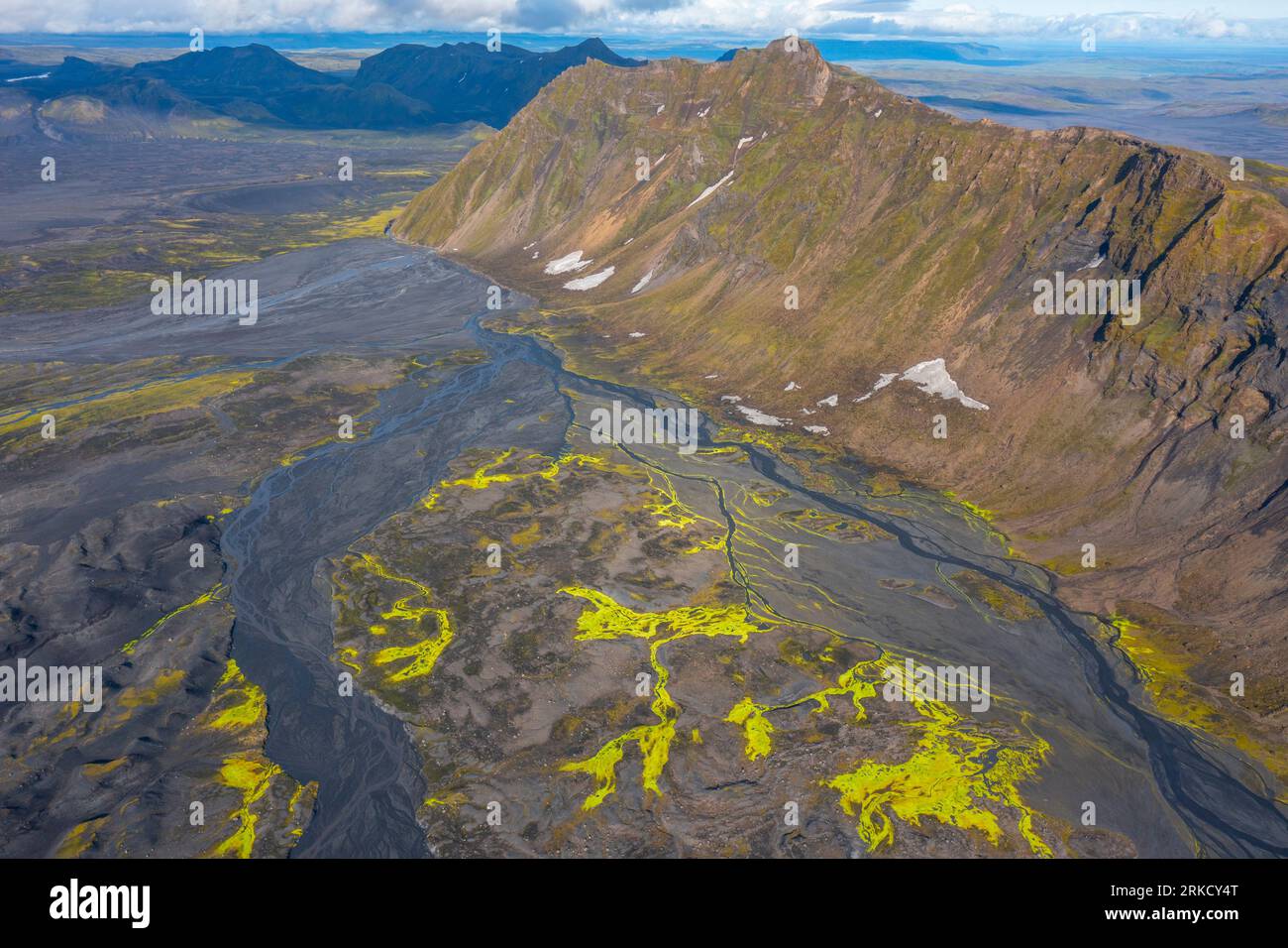 Motifs de végétation jaune sur les plaines volcaniques, hautes terres islandaises, Islande Banque D'Images