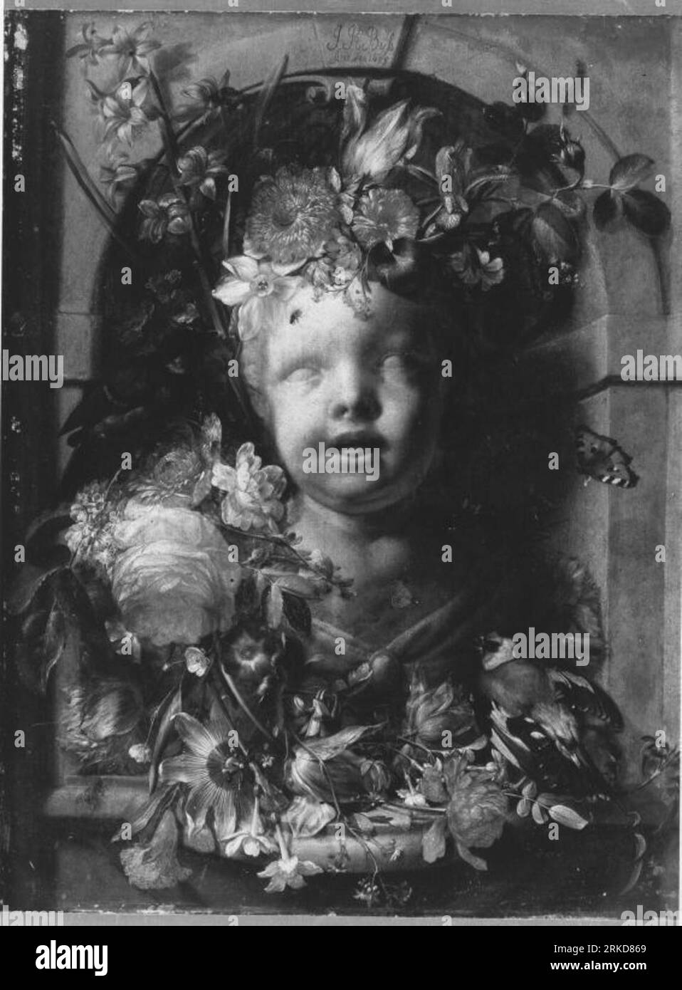 Buste d'un enfant dans une niche fleurie 1695 par Johann Rudolf Byss Banque D'Images