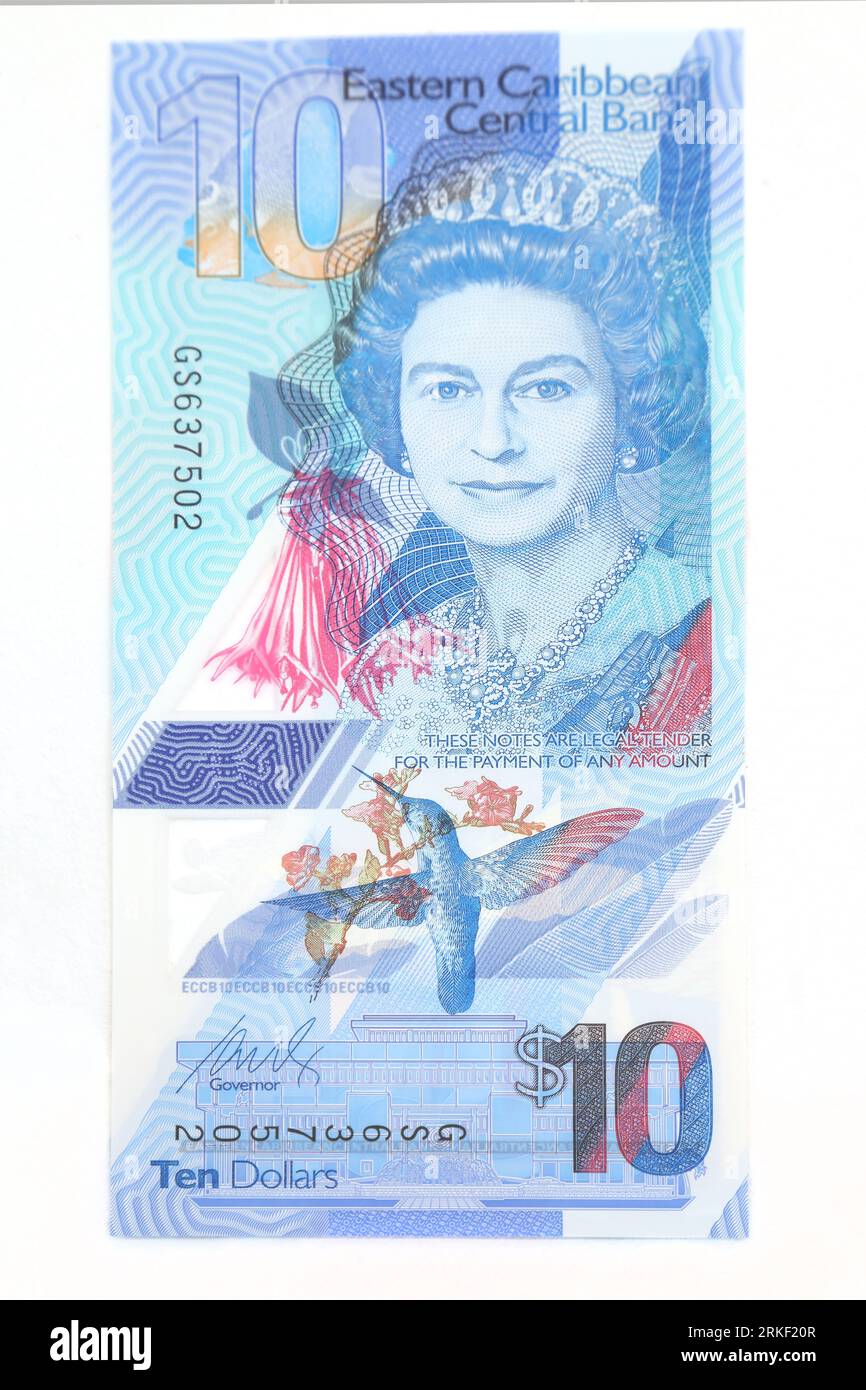 Eastern Caribbean Central Bank Polymer dollars 2019 émission format vertical 10 dollars face opposée montrant la reine Elizabeth II Banque D'Images