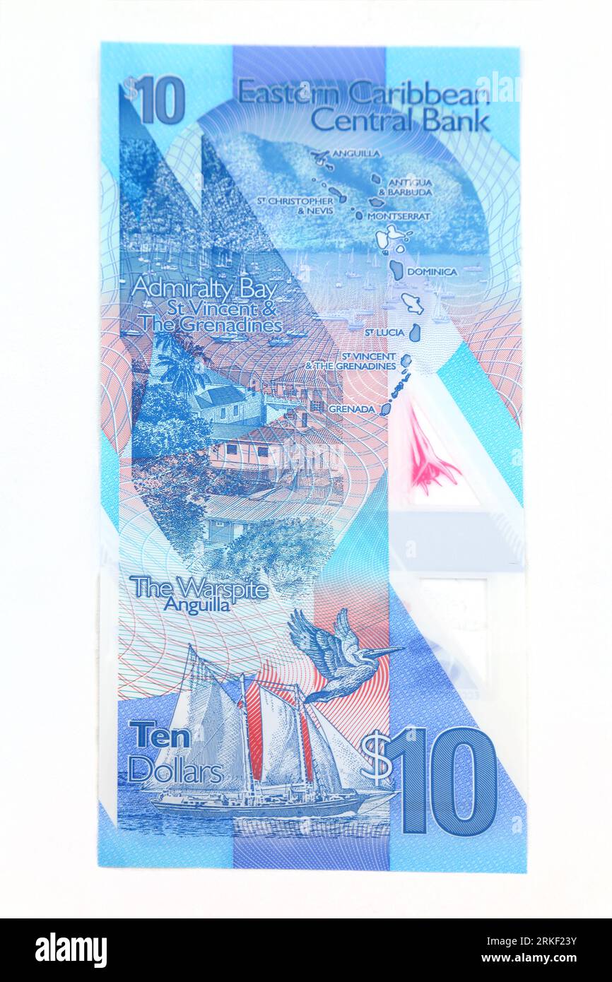 Eastern Caribbean Central Bank Polymer dollars 2019 émission format vertical 10 dollars verso montrant Admiralty Bay et la carte du caribb oriental Banque D'Images