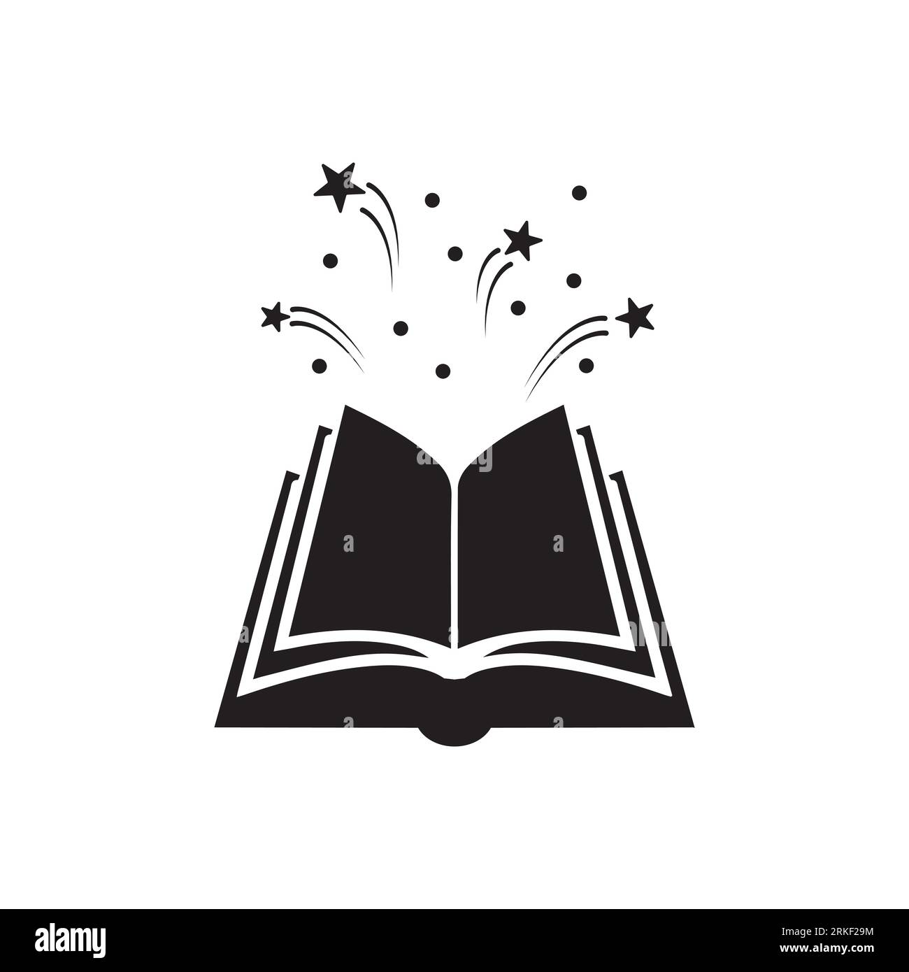 Livre ouvert avec étoiles ou feux d'artifice volant. Isolé sur fond blanc. Icône plate. Magie, logo de lecture créative. Pictogramme de conte de fées. Livre pour enfant Illustration de Vecteur