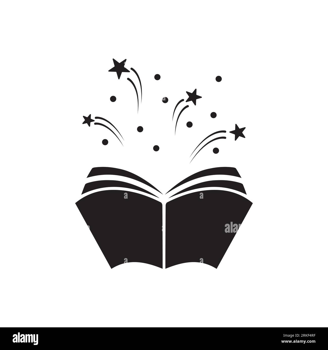 Livre ouvert avec étoiles ou feux d'artifice volant. Isolé sur fond blanc. Icône plate. Magie, logo de lecture créative. Pictogramme de conte de fées. Livre pour enfant Illustration de Vecteur