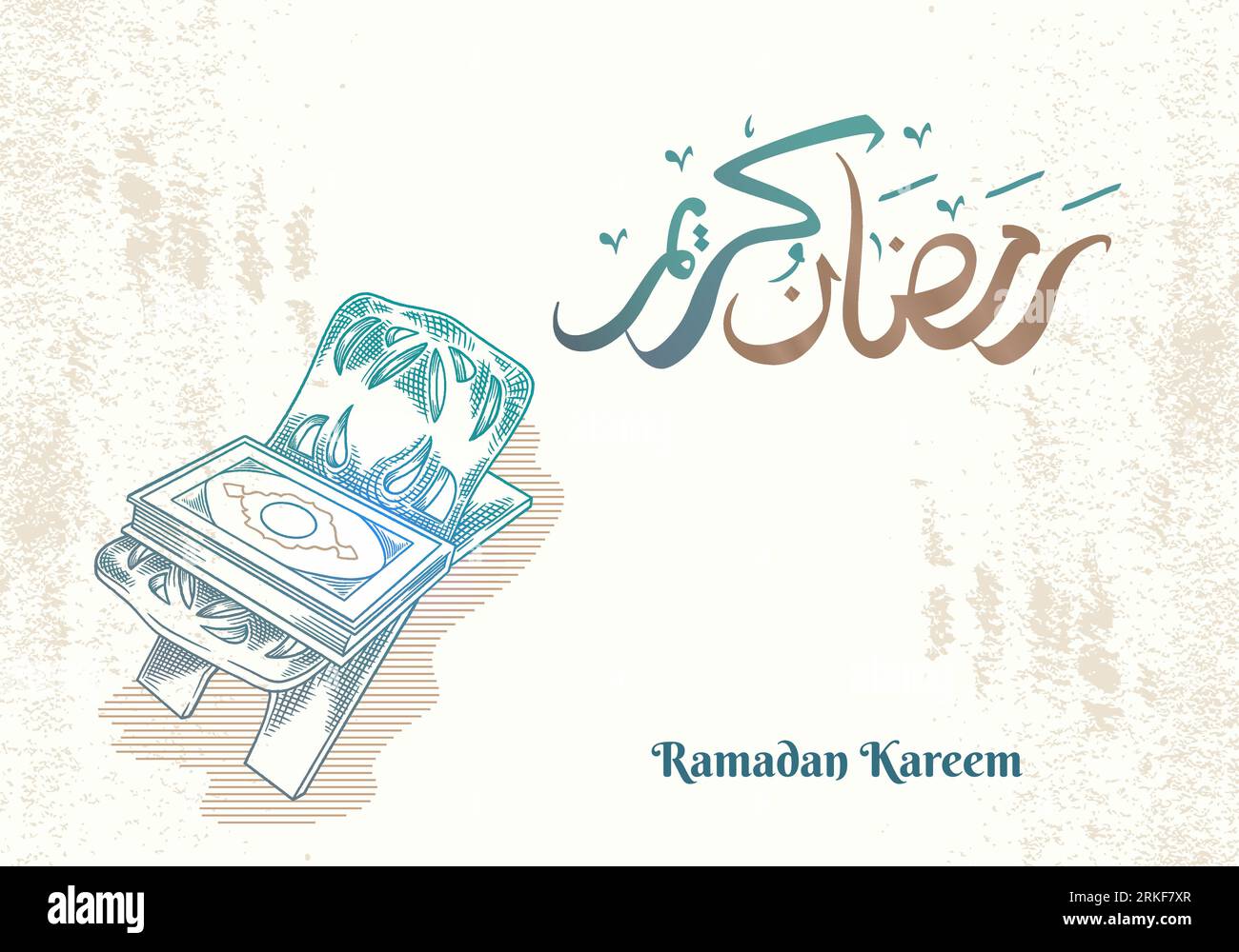 Carte de voeux Ramadan Kareem avec coran dessiné à la main et calligraphie arabe signifie «Saint Ramadan». Illustration de Vecteur