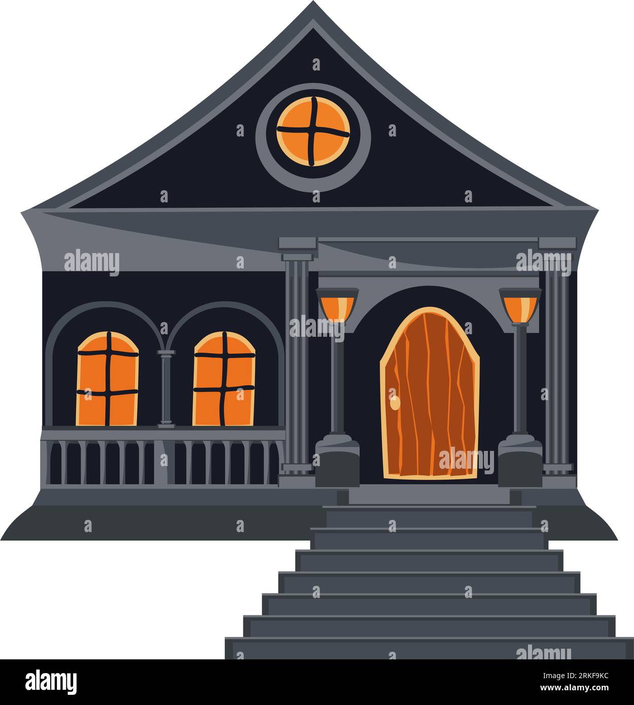 Joyeuse maison d'Halloween. Chalet sombre effrayant avec des lanternes et des escaliers. Architecture gothique de dessin animé dans le style plat. Illustration vectorielle. Illustration de Vecteur