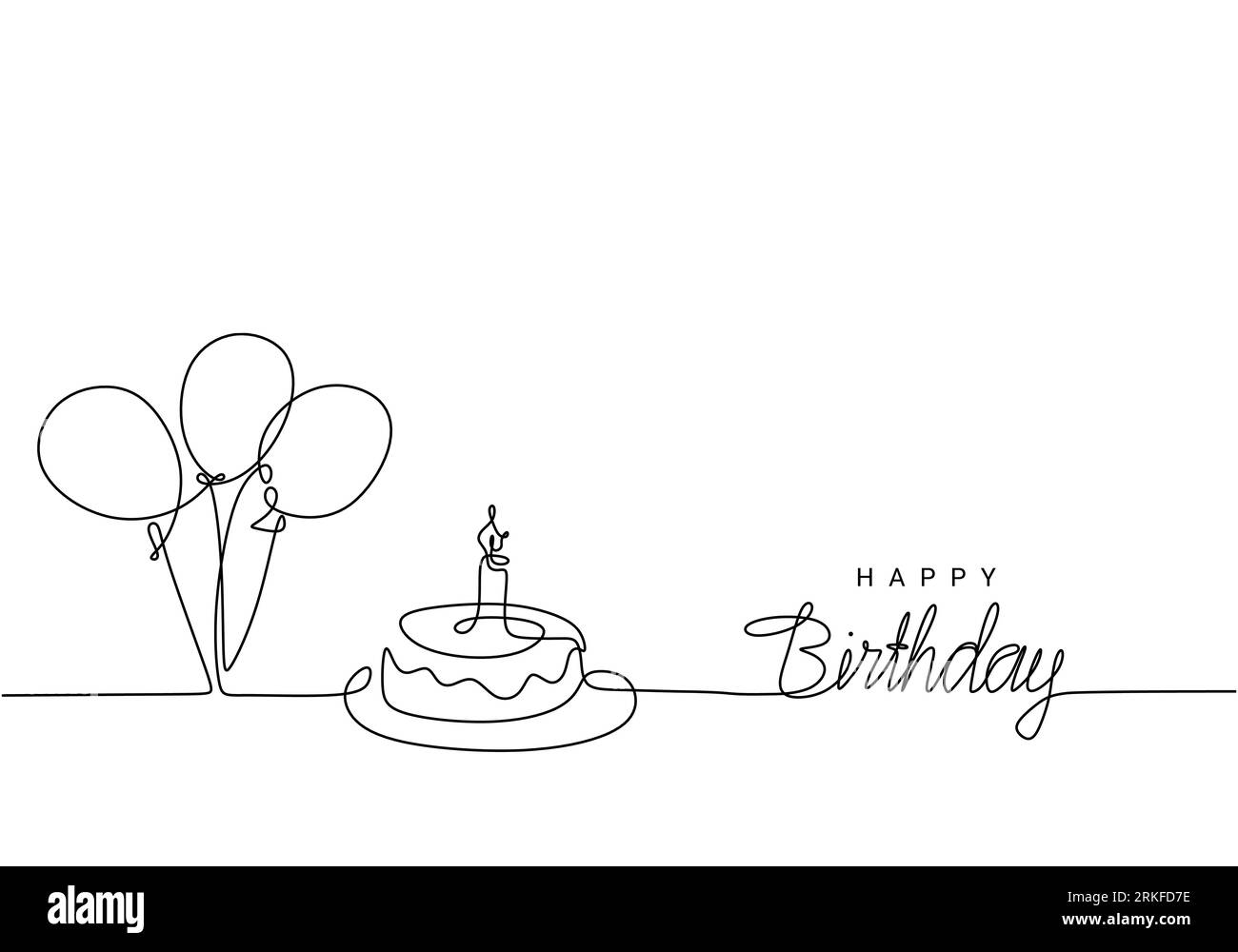 Joyeux anniversaire dessin au trait continu, lettrage manuscrit avec ballon de fête symbolique et gâteau d'anniversaire. Style minimaliste dessiné à la main. Illustration de Vecteur