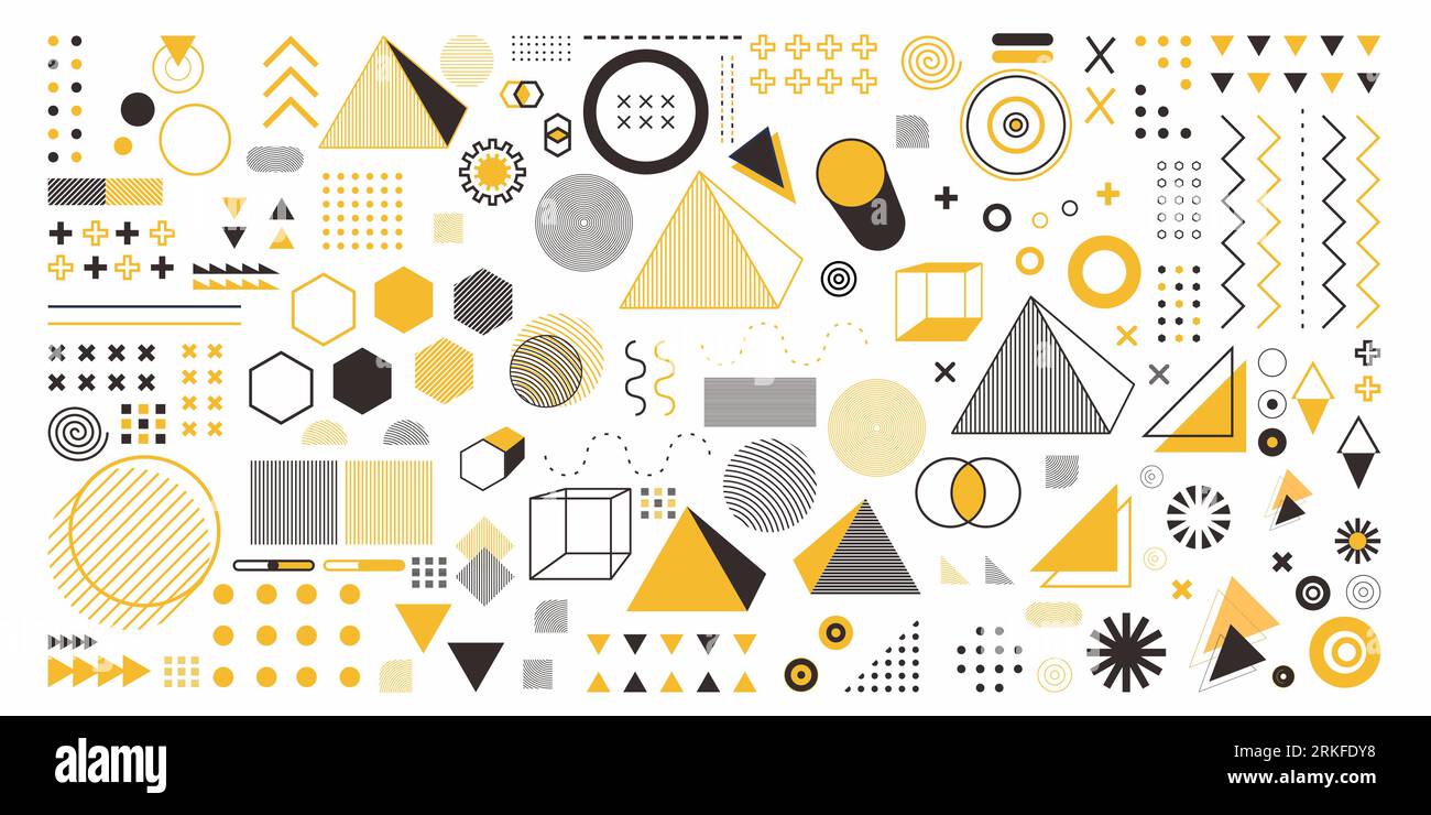 Objet d'ensemble de géométrie abstraite en couleur jaune. Un paquet 100 arts de conception géométrique Memphis design, éléments rétro pour le web, vintage, publicité, comm Illustration de Vecteur