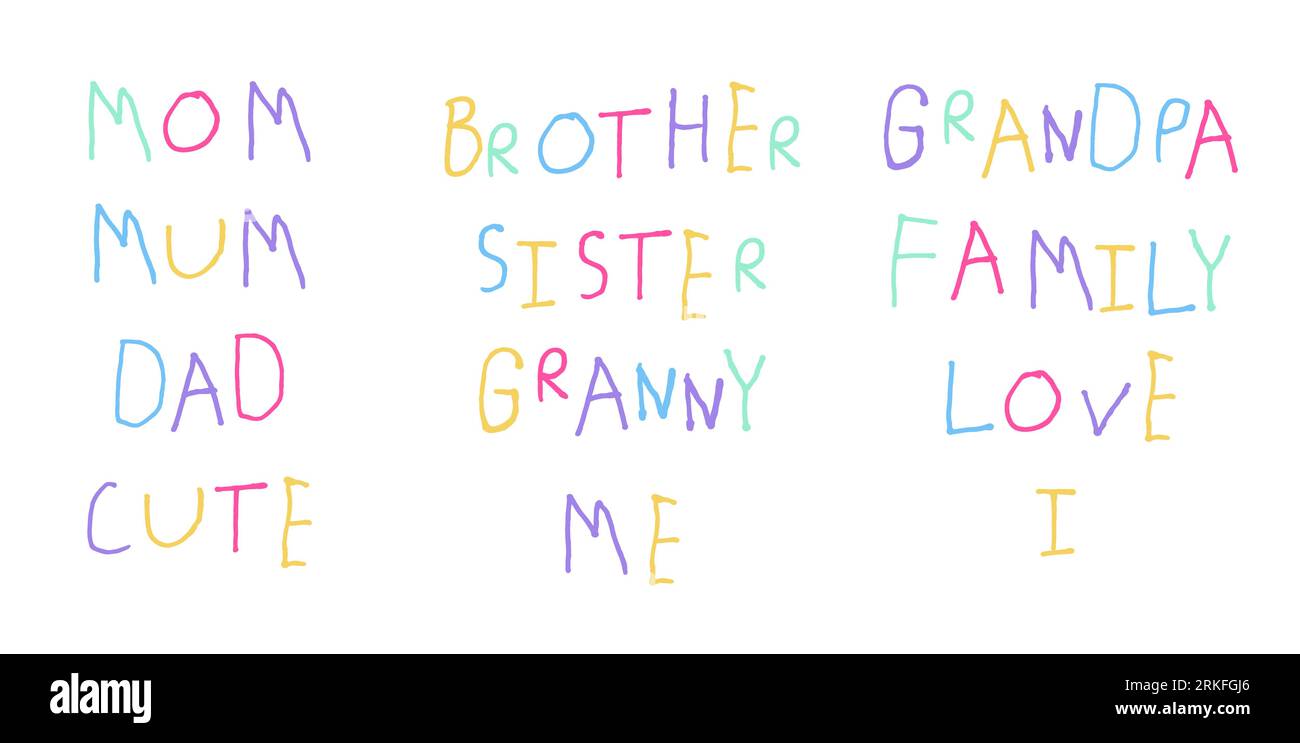 Dessiné à la main par de petites lettres d'enfant mots liés à la famille anglaise. Mots enfants primitifs de dessin animé dans le style de doodle simple. Design typographique coloré en latin Illustration de Vecteur