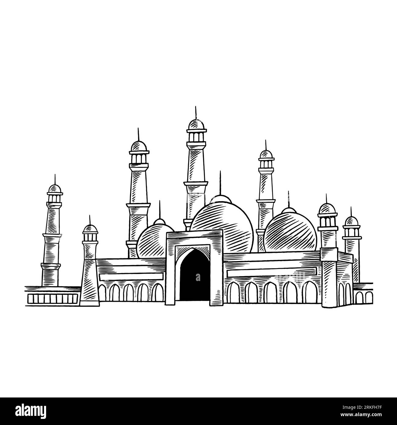 La belle Mosquée. Ramadan, prières agenouillées, Eid Mubarak concept sketch modèle de carte de voeux. Illustration vectorielle dessinée à la main isolée sur le dos blanc Illustration de Vecteur
