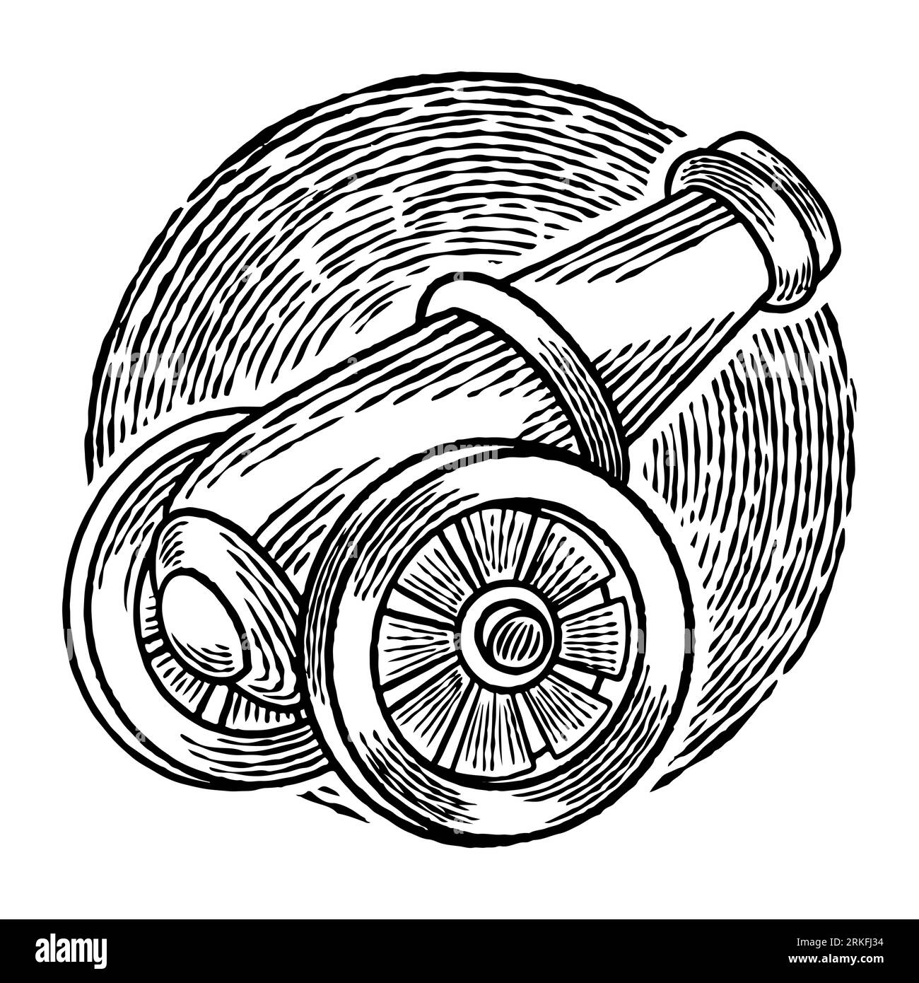 Vecteur main dessinée de boule de canon en métal visant le ciel prêt à tirer isolé sur fond blanc. Concept de design Ramadan Kareem avec pistolet vintage. Tr Illustration de Vecteur