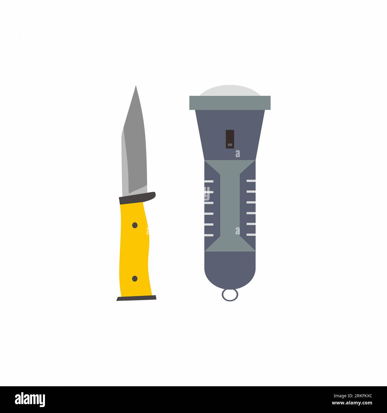 Icônes d'équipement de camping de lampe de poche et de couteau. Thème d'activité de randonnée d'été isolé sur fond blanc. Sac à dos de camping et outil de survie touristique Illustration de Vecteur