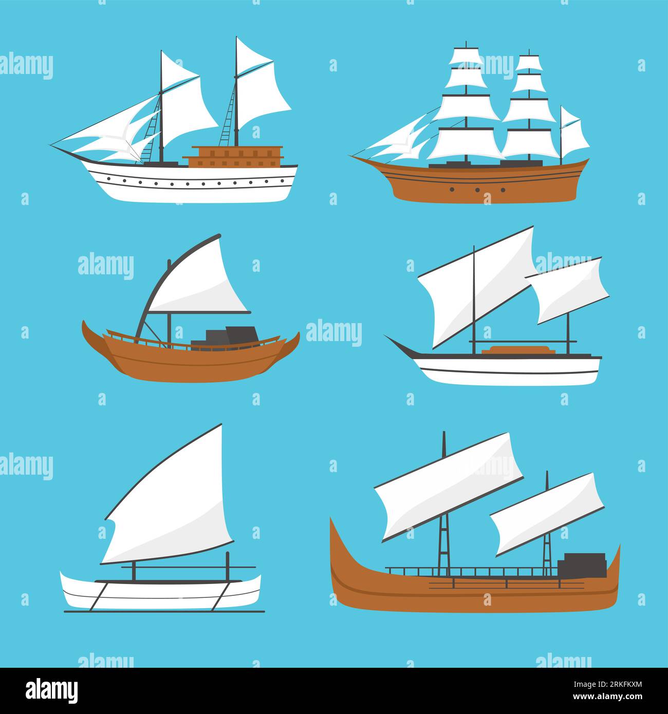 Bateau à voile plat Vector, icône de bateau, set. Vieux bateau en bois avec des voiles blanches. Navire Phinisi, navire Barqque Sadov, navire Patorani, Voyage par transport maritime, Illustration de Vecteur