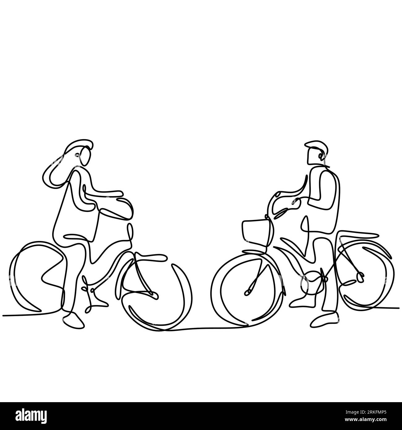 Un dessin au trait continu de jeune couple heureux prendre une promenade à vélo. Aimer mâle et femelle en vélo se balade romantique ensemble à l'outdo Illustration de Vecteur