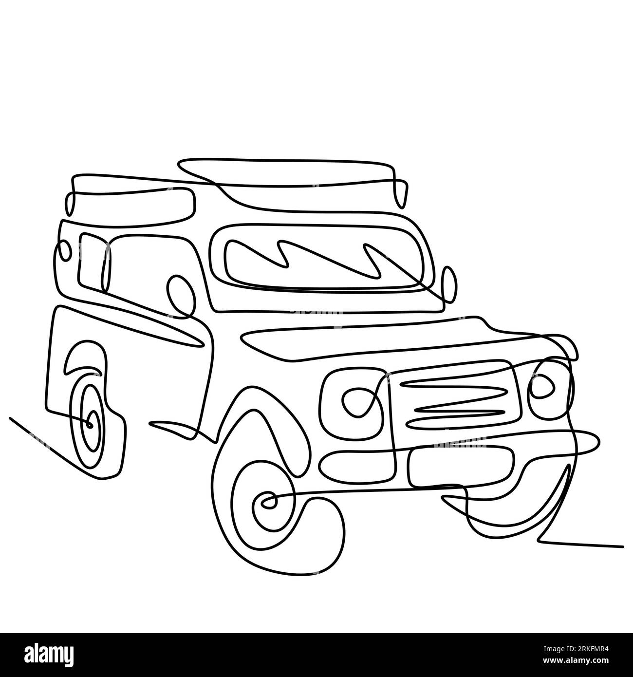 Une seule ligne tracée continue de voiture de wrangler de jeep. Une jeep classique isolée sur fond blanc. Aventure tout-terrain transport de véhicule de rallye c Illustration de Vecteur