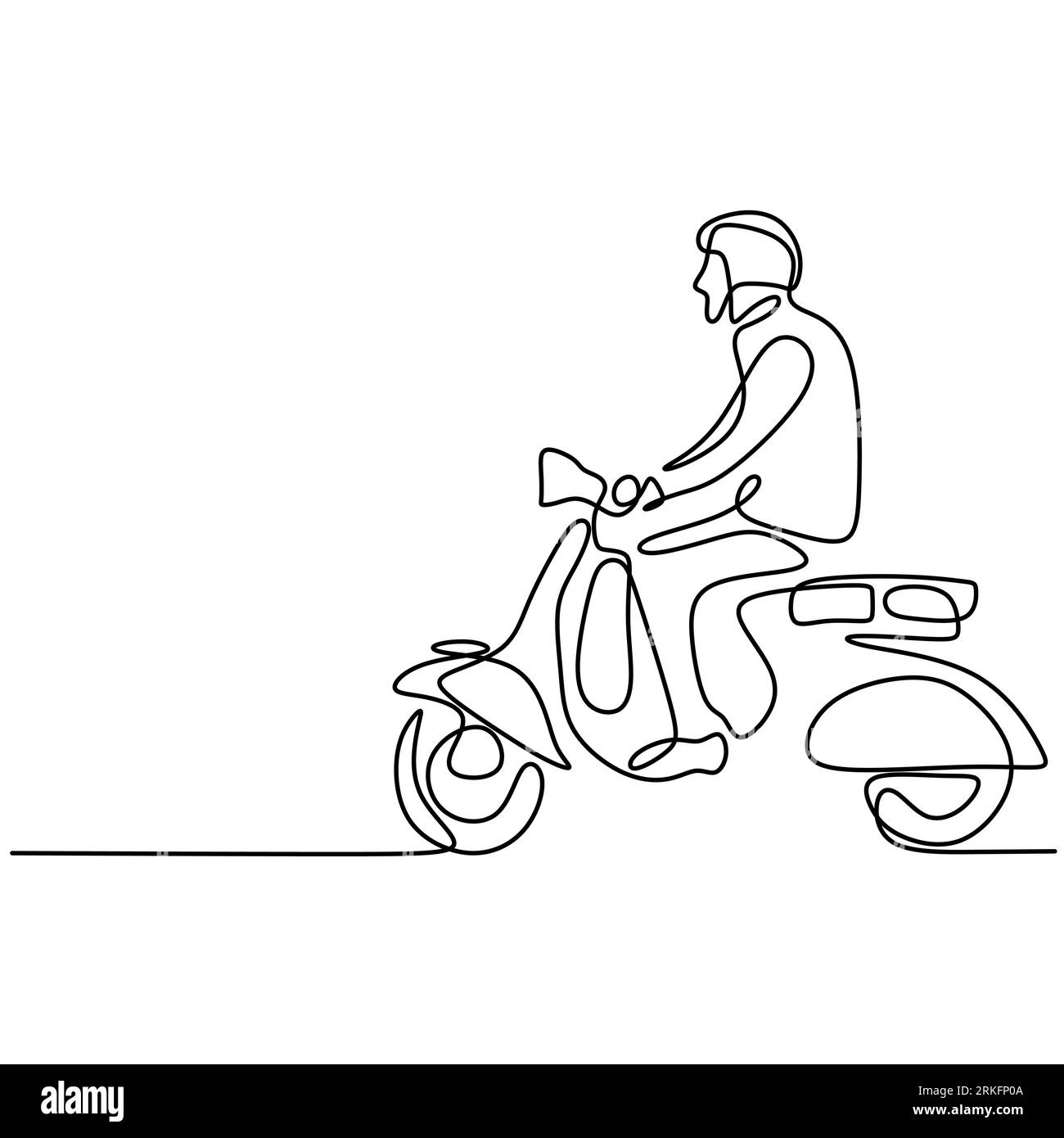 Dessin au trait continu ou dessin au trait d'un jeune homme conduisant une moto vespa. Un mâle vélos classique scooter Matic isolé sur fond blanc. Vinta Illustration de Vecteur