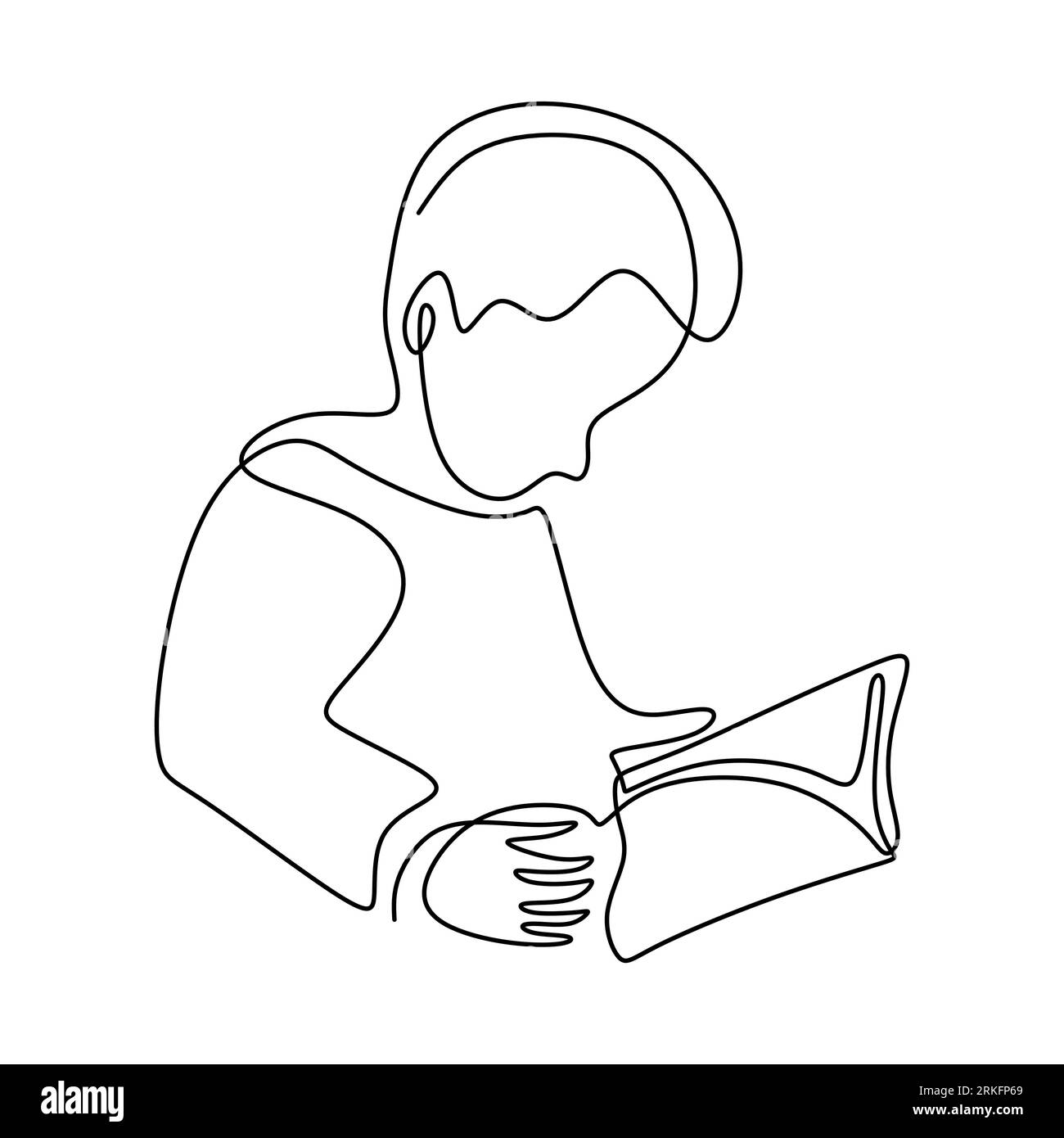 Dessin au trait continu d'un petit garçon lu un livre. Un enfant mignon assis sur le sol tout en regardant le livre dessiné à la main avec le style minimalisme sur blanc b Illustration de Vecteur