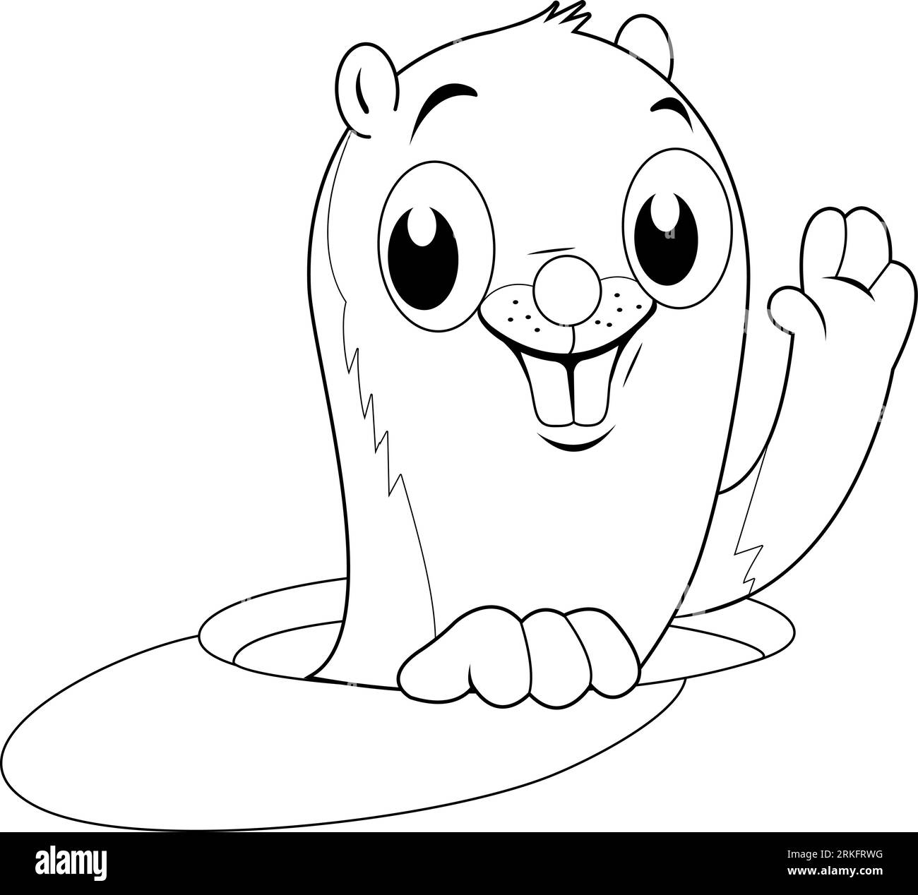 Marmotte de dessin animé jetant un coup d'œil d'un trou dans le sol. Page de coloriage en noir et blanc vectoriel. Illustration de Vecteur