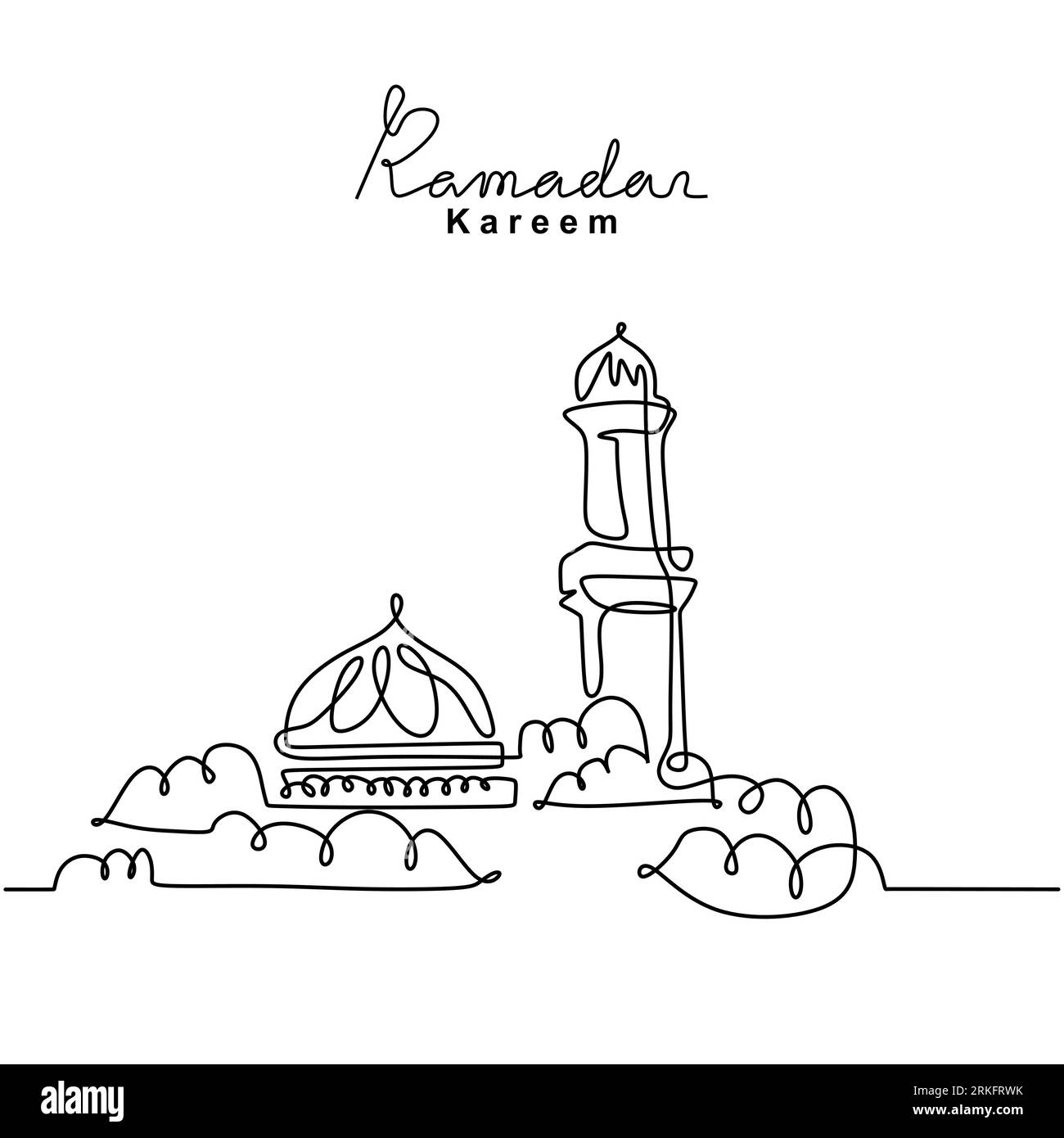 Un dessin au trait continu de mosquée islamique, lettrage manuscrit Ramadan Kareem. Joyeux Eid Mubarak, Eid Fitr. Célébration des fêtes religieuses musulmanes Illustration de Vecteur
