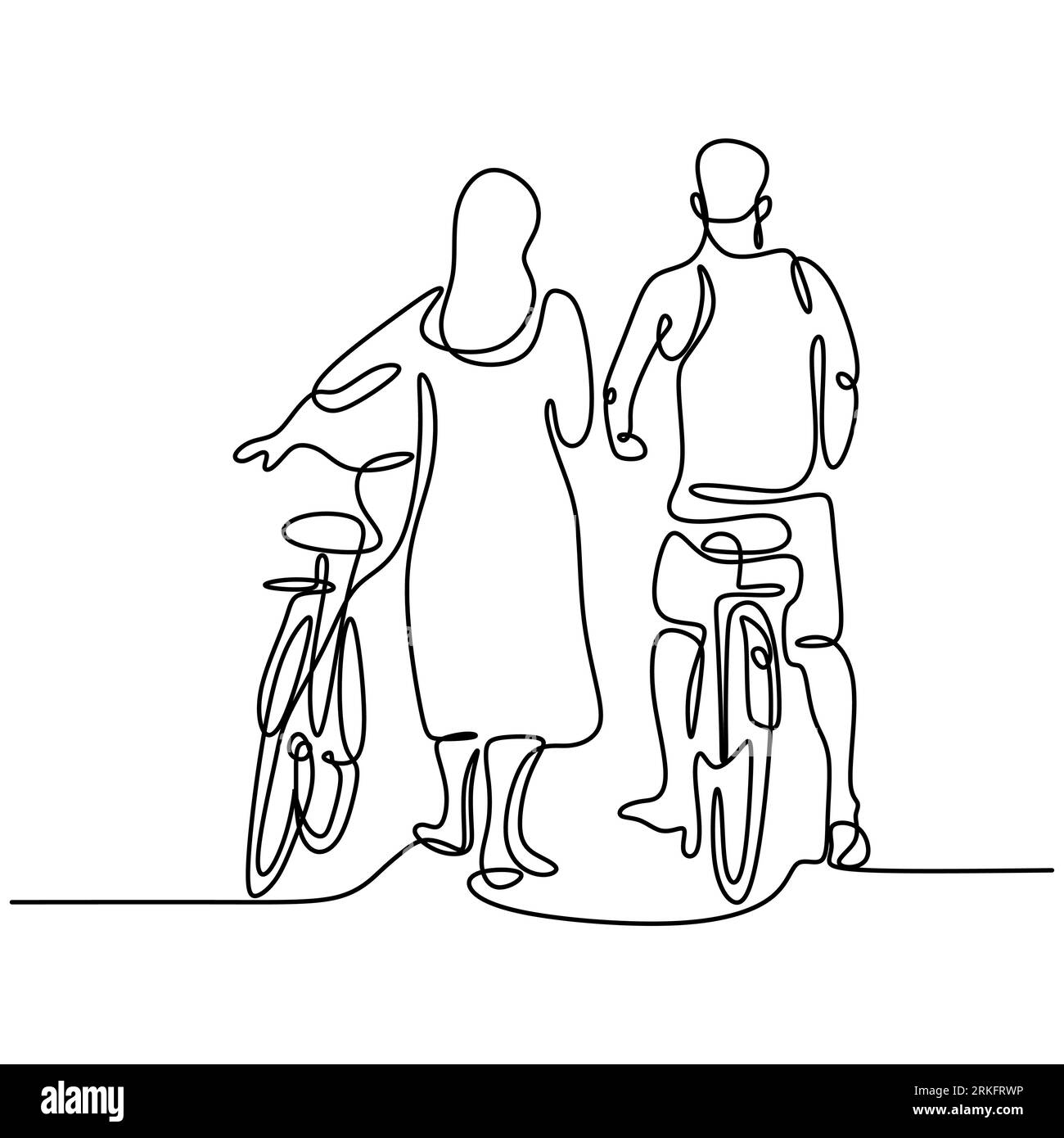 Un dessin au trait continu de jeune couple heureux prendre une promenade à vélo. Aimer mâle et femelle en vélo se balade romantique ensemble à l'outdo Illustration de Vecteur