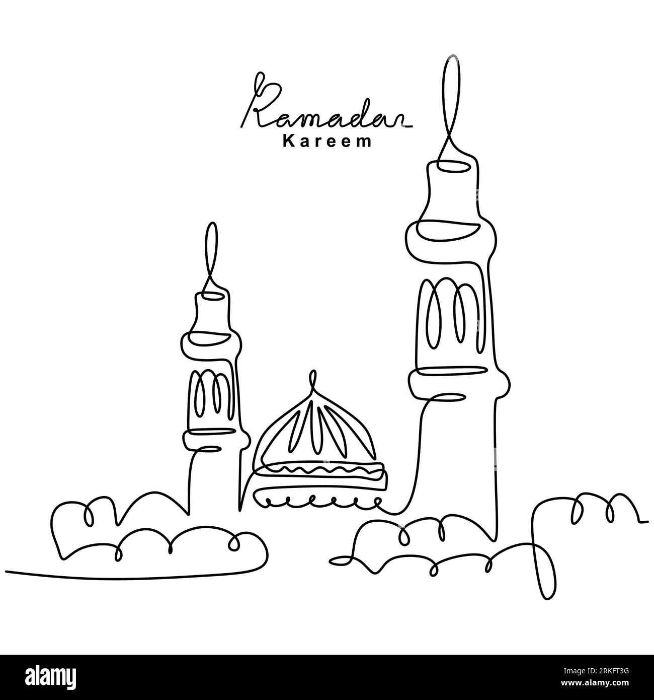 Un dessin au trait continu de mosquée islamique, lettrage manuscrit Ramadan Kareem. Joyeux Eid Mubarak, Eid Fitr. Célébration des fêtes religieuses musulmanes Illustration de Vecteur