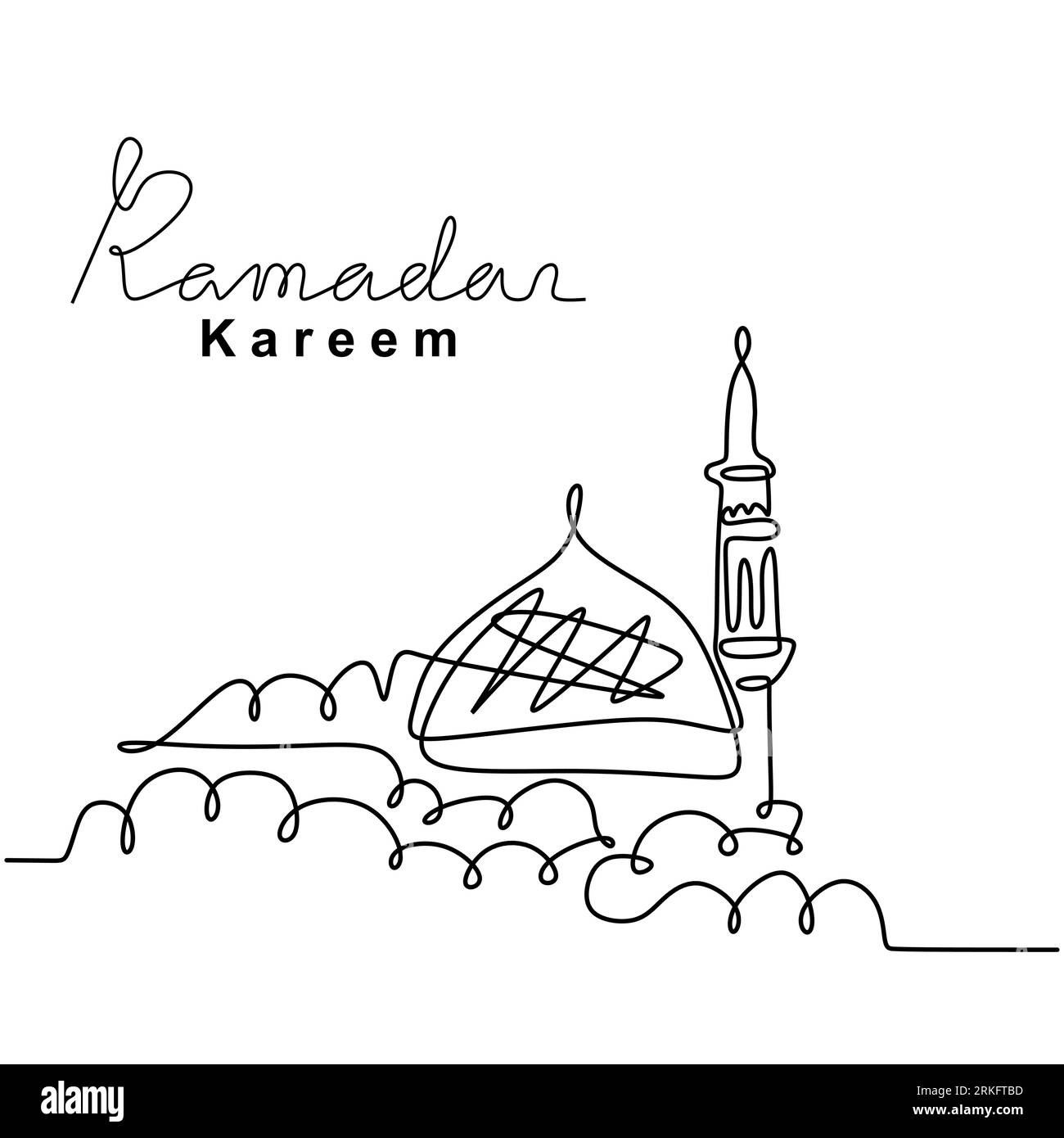 Un dessin au trait continu de mosquée islamique, lettrage manuscrit Ramadan Kareem. Joyeux Eid Mubarak, Eid Fitr. Célébration des fêtes religieuses musulmanes Illustration de Vecteur