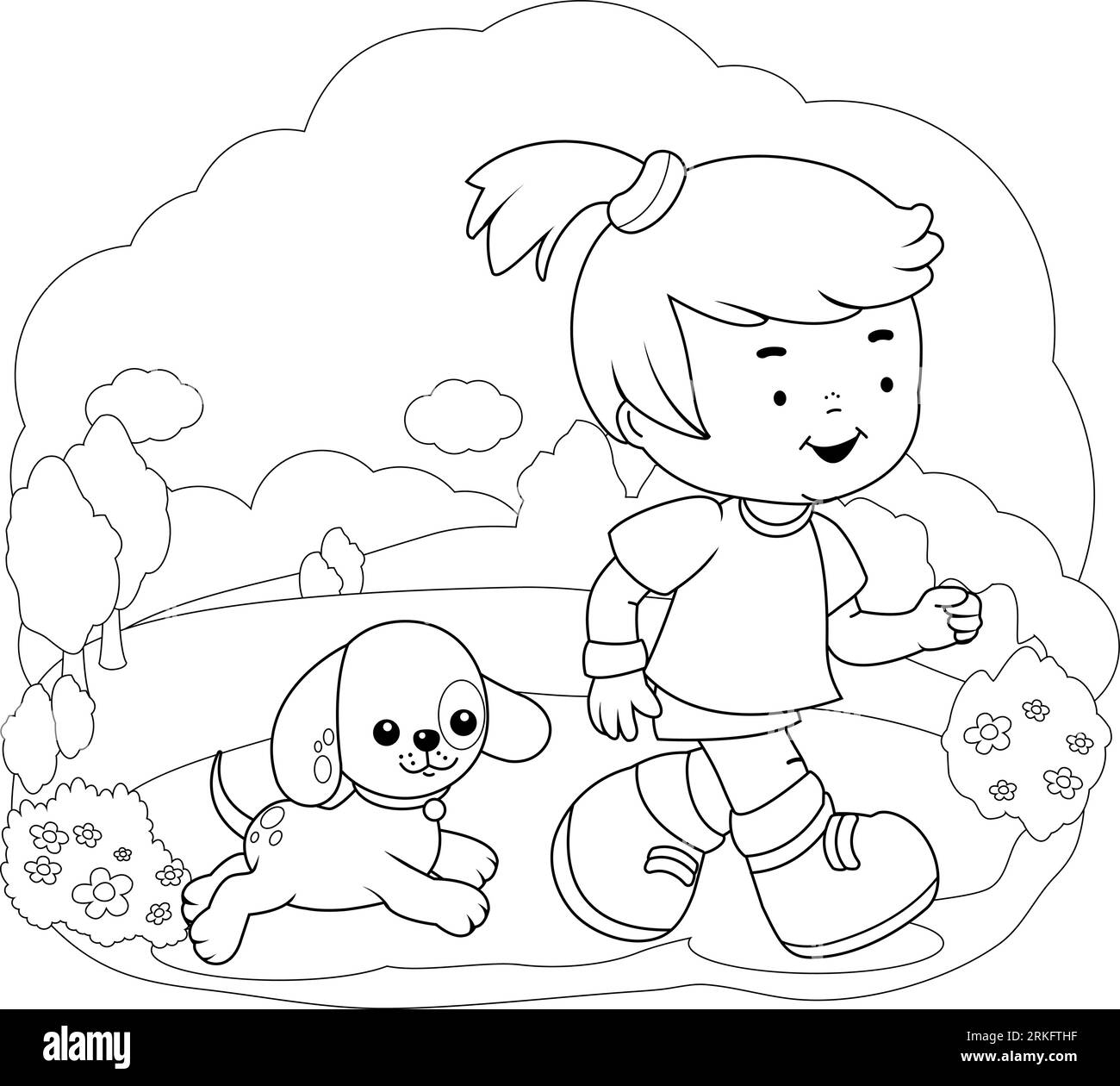 Fille et son chien courant au parc. Page de coloriage en noir et blanc vectoriel. Illustration de Vecteur