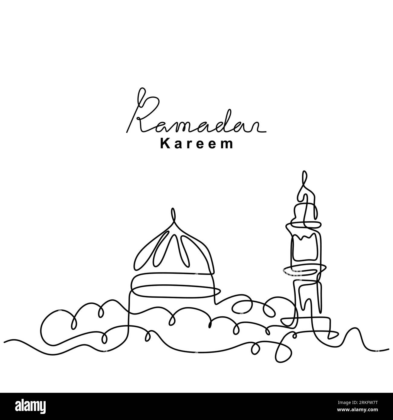 Un dessin au trait continu de mosquée islamique, lettrage manuscrit Ramadan Kareem. Joyeux Eid Mubarak, Eid Fitr. Célébration des fêtes religieuses musulmanes Illustration de Vecteur