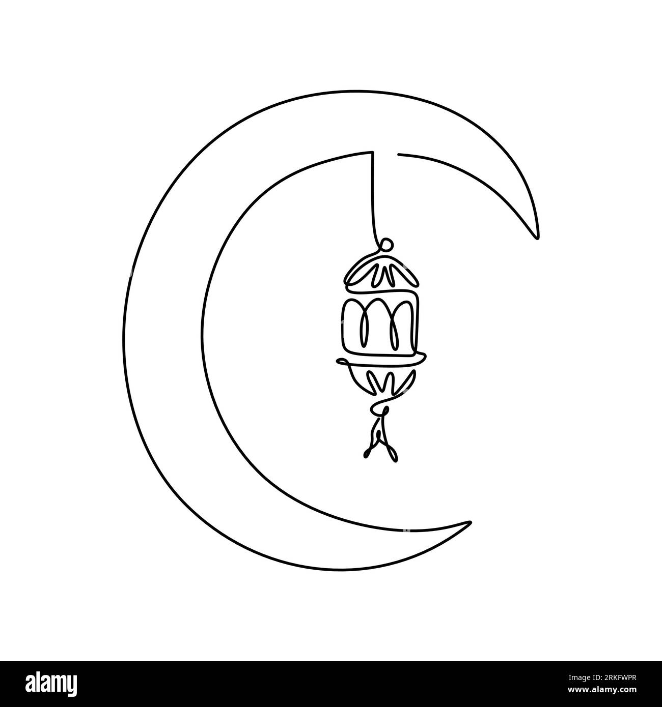 Un dessin de ligne continue de lampe de lanterne d'ornement islamique accrochée sur la lune. Joyeux Aïd Moubarak, Aïd Fitr. Fête islamique traditionnelle, ar Illustration de Vecteur
