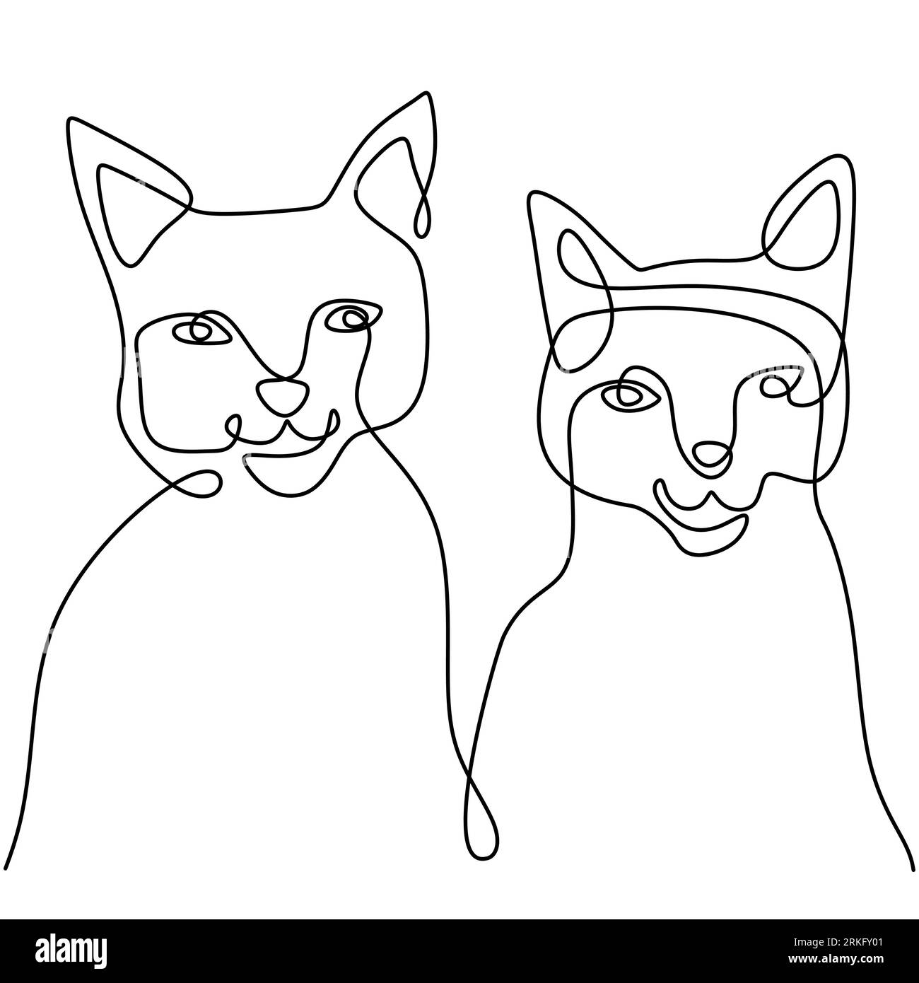 Dessin continu d'une ligne de deux visages drôles de chat heureux. Un couple de chaton est assis isolé sur fond blanc. Doodle Animals icônes minimaliste l Illustration de Vecteur