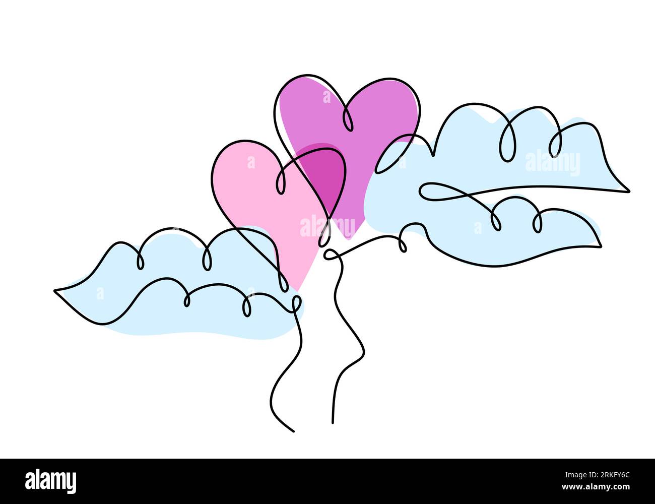 Un dessin en ligne continue de deux ballons en forme de coeur dans l'air. Concept de carte d'invitation de mariage romantique isolé sur fond blanc. Joyeux Valen Illustration de Vecteur