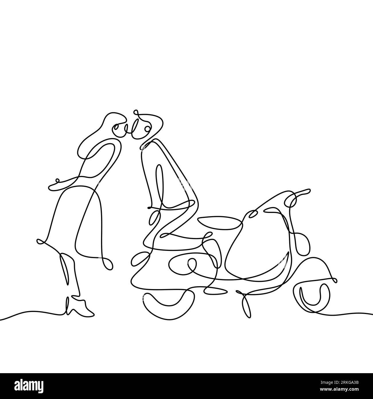 Dessin de ligne continue d'un couple baiser avec moto scooter rétro. Concept minimaliste créatif vintage de romance isolé sur fond blanc. Illustration de Vecteur