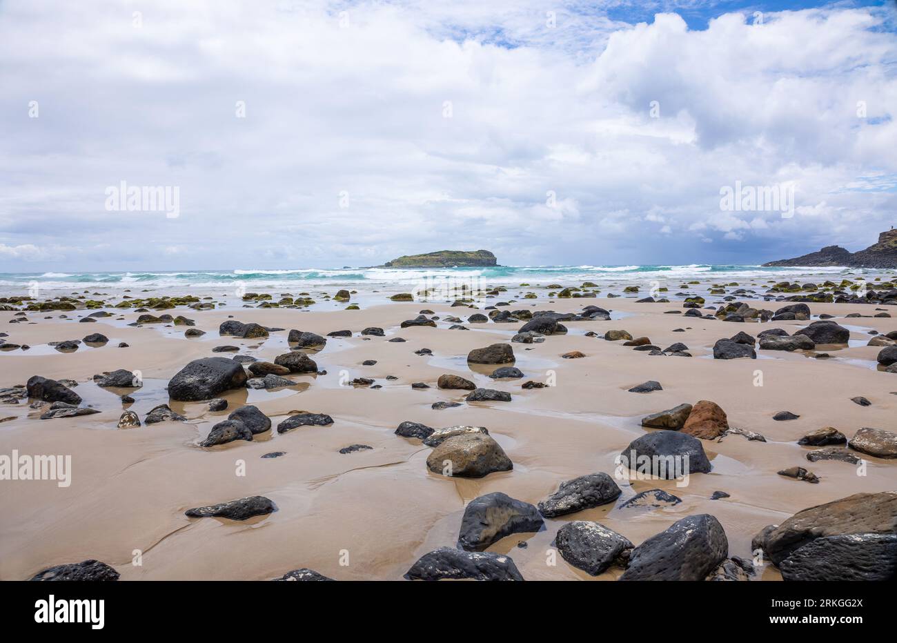 Un paysage de plage pittoresque avec un rivage serein avec des rochers dispersés le long du sable doré Banque D'Images
