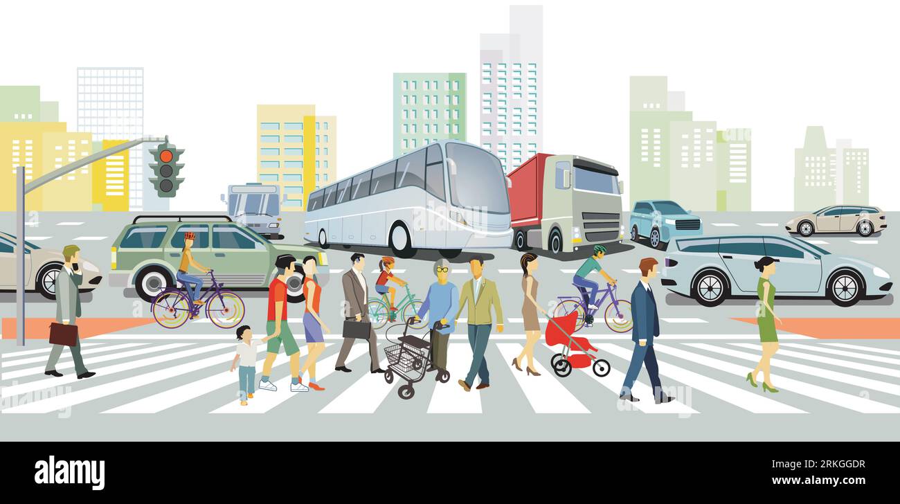 Silhouette urbaine d'une ville avec trafic et personnes, illustration Illustration de Vecteur