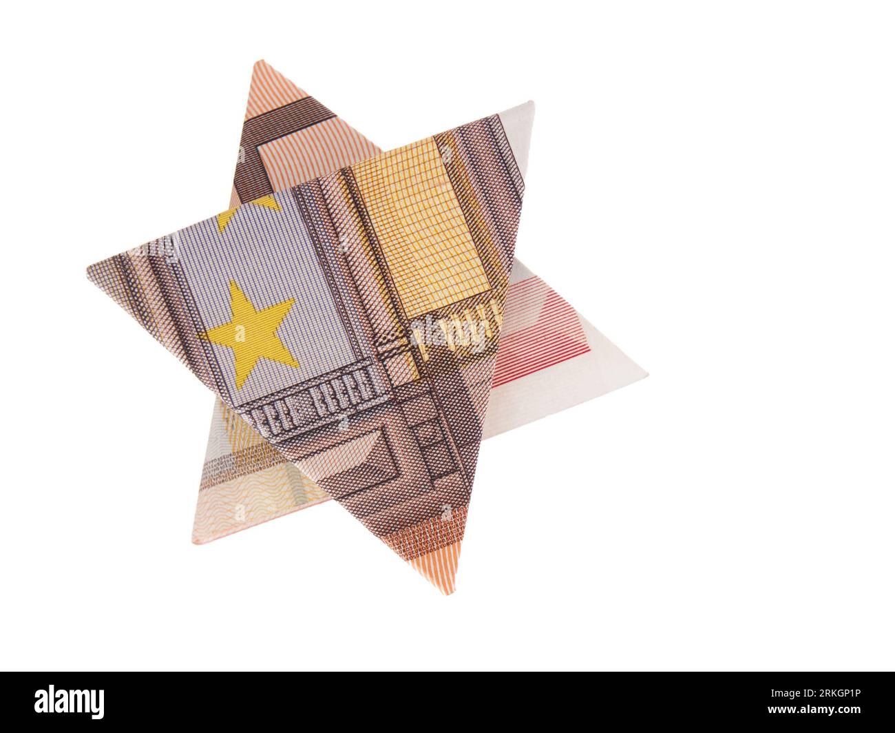 Gros plan d'une étoile d'un billet de cinquante euros plié sur fond blanc Banque D'Images