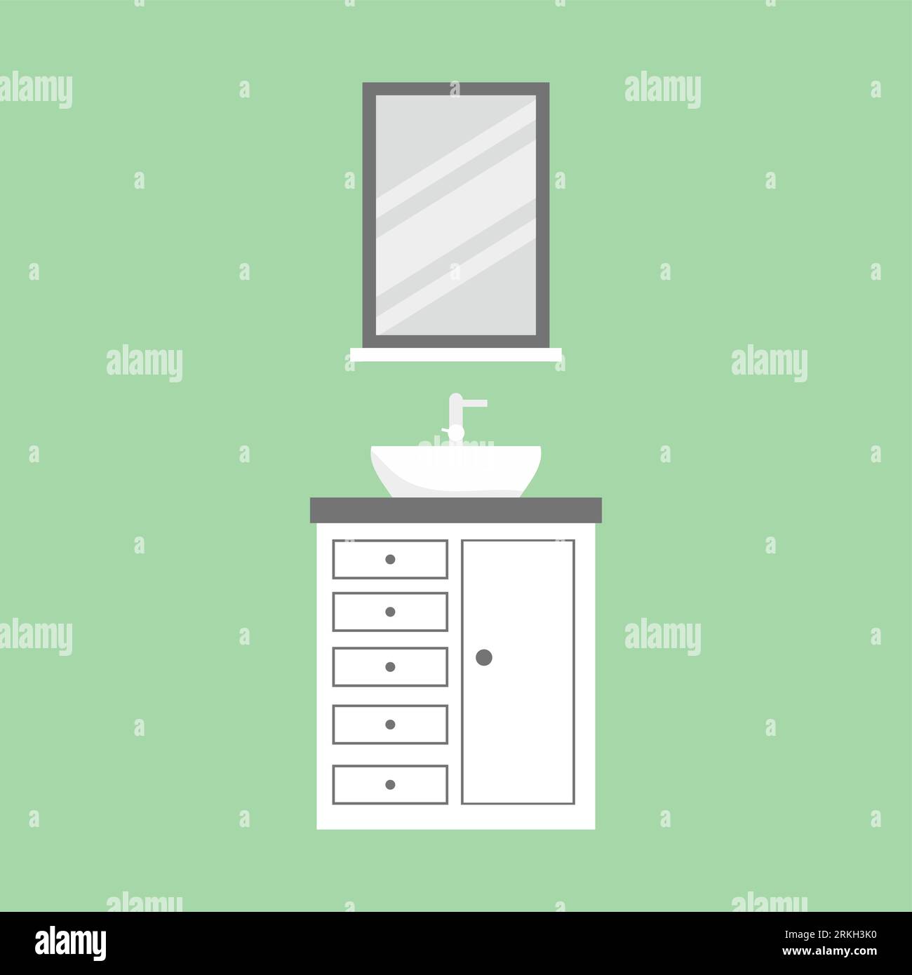 Dessin animé ameublement d'hygiène sanitaire des toilettes avec lavabo wc miroir robinet machine à laver isolé sur fond vert clair. Salle de bains Illustration de Vecteur