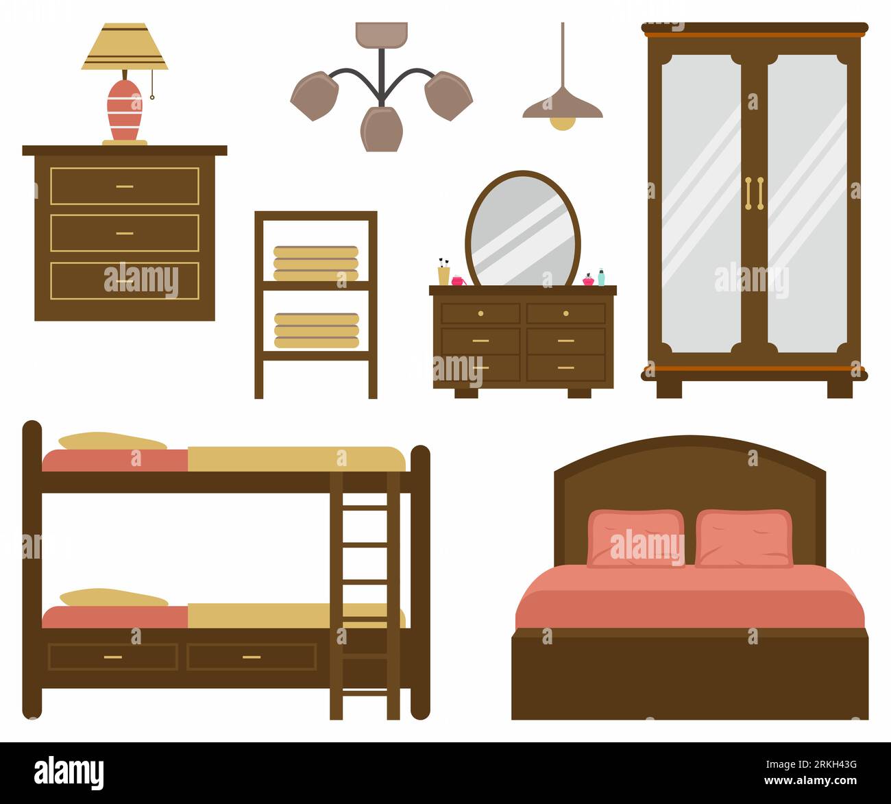 Ensemble d'icônes et d'éléments intérieurs de design plat moderne vectoriel. Conception de meubles pour chambre à coucher. Lit, lampes, armoire, coiffeuse, armoire en bois, tabl Illustration de Vecteur