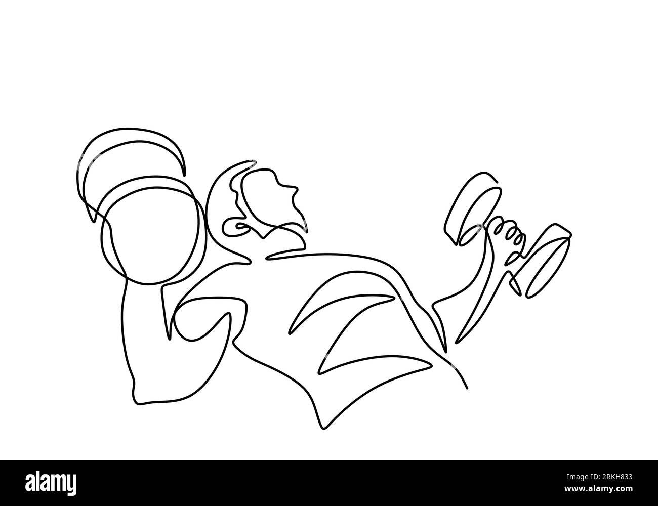 Homme tenant une barre continue illustration vectorielle de dessin d'une ligne. Un homme sportif fort soulevant des poids et un entraînement de bodybuilder. Thème de la salle de gym de Wor Illustration de Vecteur