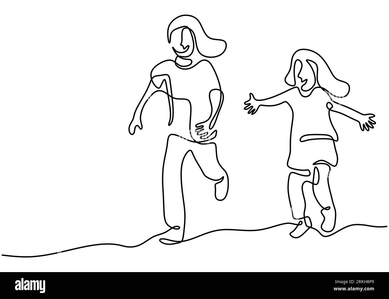 Un dessin au trait continu de deux petites filles jouant ensemble sur le terrain. Deux fille joyeuse courant librement et joyeusement. Temps de vacances conce Illustration de Vecteur