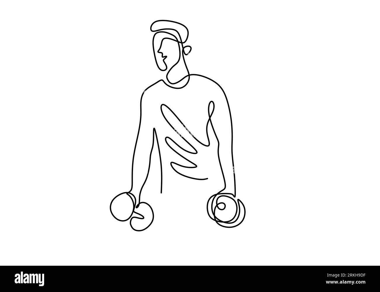 Homme tenant une barre continue illustration vectorielle de dessin d'une ligne. Un homme sportif fort soulevant des poids et un entraînement de bodybuilder. Thème de la salle de gym de Wor Illustration de Vecteur