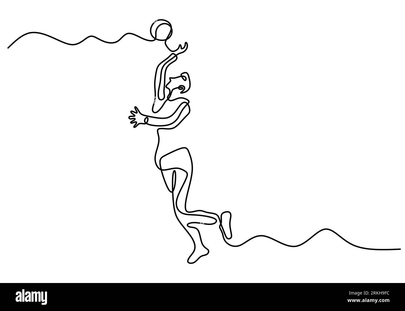 Dessin au trait continu d'un jeune joueur de volley-ball masculin énergique en action sautant à pic sur le terrain. Homme professionnel saute pour lancer la balle. Vecteur i Illustration de Vecteur